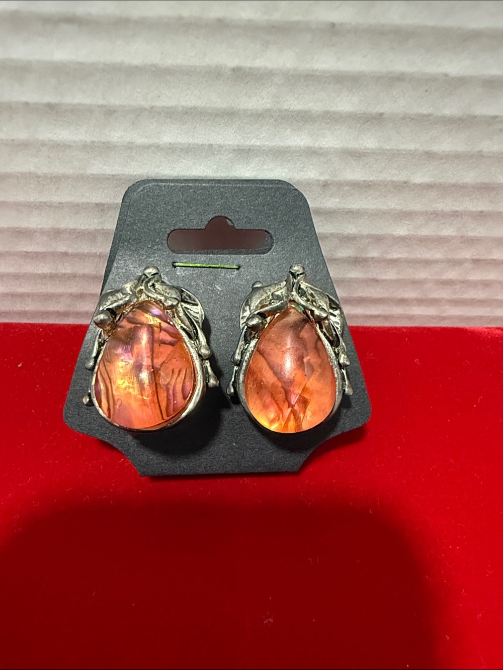 VTG Oval Orange Amber Poland Clip-On Earrings Silver Tone Bezel